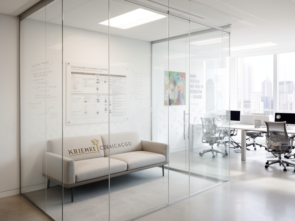 Светлый офис Ferqantix в Чикаго: переговорная комната со стеклянными стенами, диван с логотипом компании, доска с планами курсов и афиши выпускных мероприятий на стенах