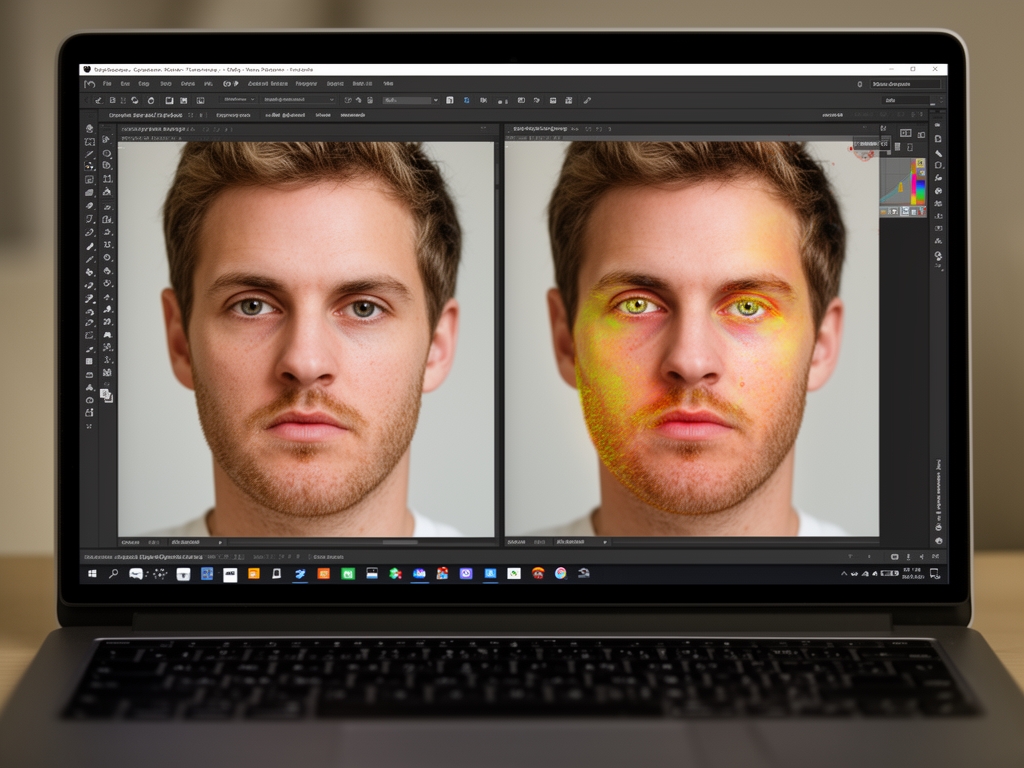 Экран ноутбука с двумя сравниваемыми видеокадрами: оригинальный кадр и дипфейк-версия с подсвеченными искажёнными участками лица, профессиональная аналитическая среда