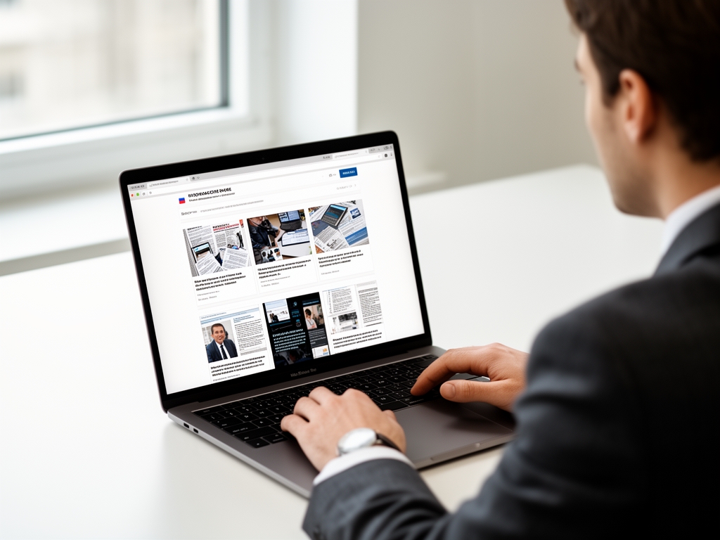 Редактор просматривает профессиональное онлайн-портфолио журналиста на MacBook в светлом офисе, на экране — структурированный сайт с примерами материалов