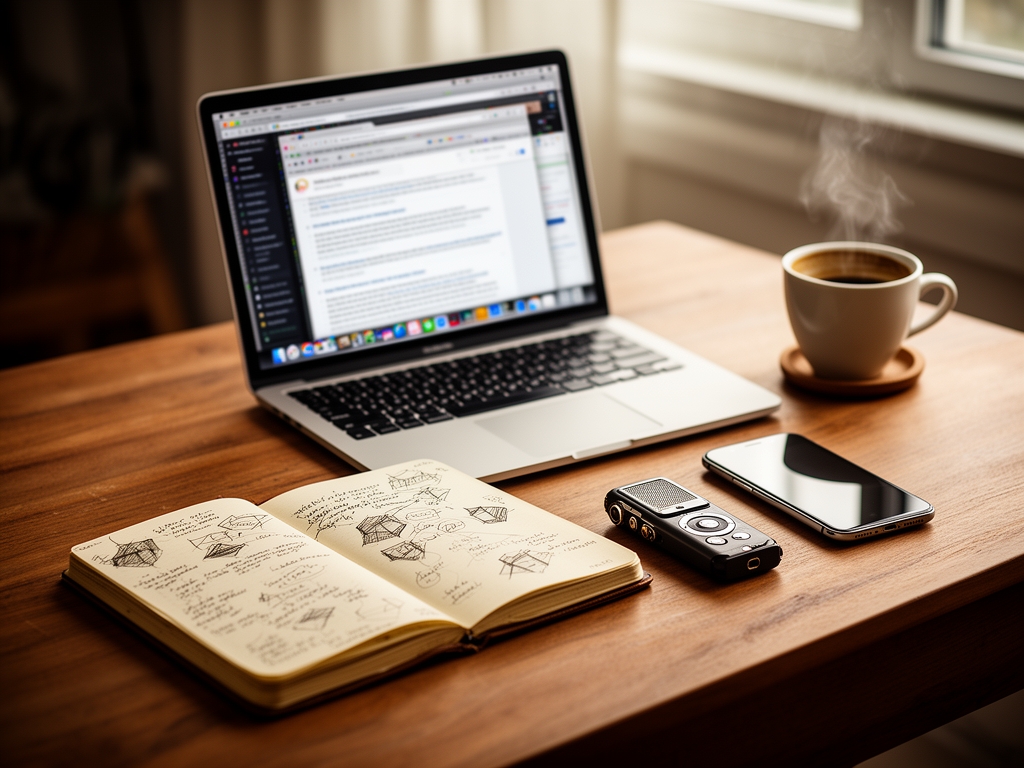 Рабочий стол журналиста-фрилансера: MacBook с несколькими открытыми вкладками браузера, блокнот с записями, диктофон, смартфон и чашка кофе на деревянном столе в домашнем офисе