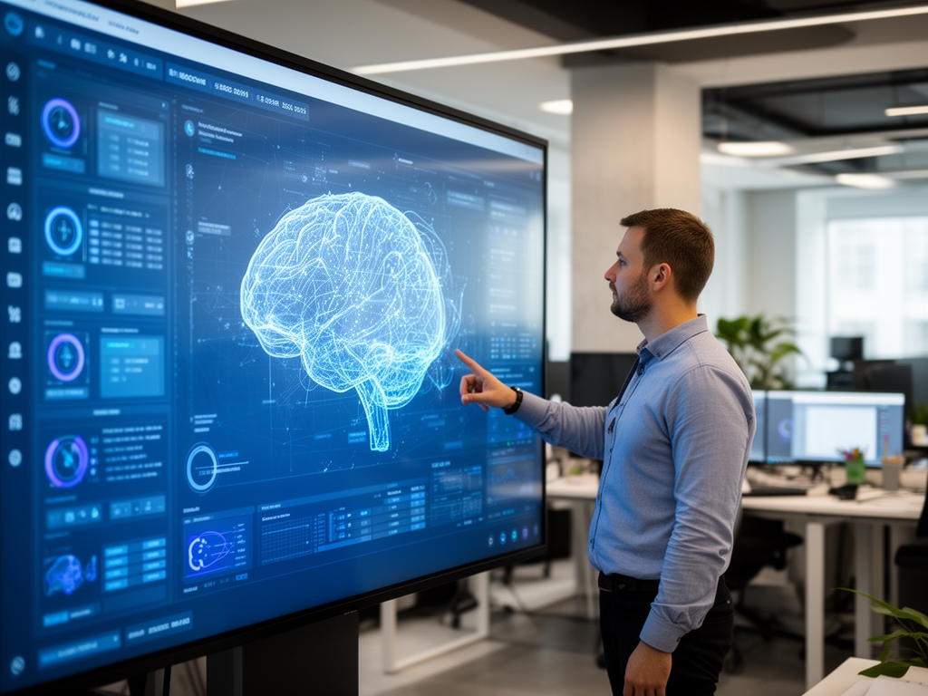 Редактор в современной цифровой редакции рассматривает интерфейс искусственного интеллекта на большом сенсорном экране, вокруг другие сотрудники за рабочими местами с тремя мониторами каждый
