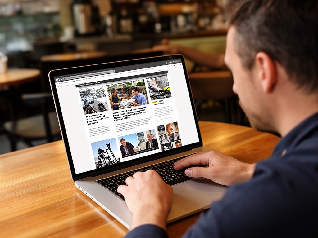 Журналист просматривает своё цифровое портфолио на ноутбуке в кафе, на экране виден сайт с примерами репортажей и статьями