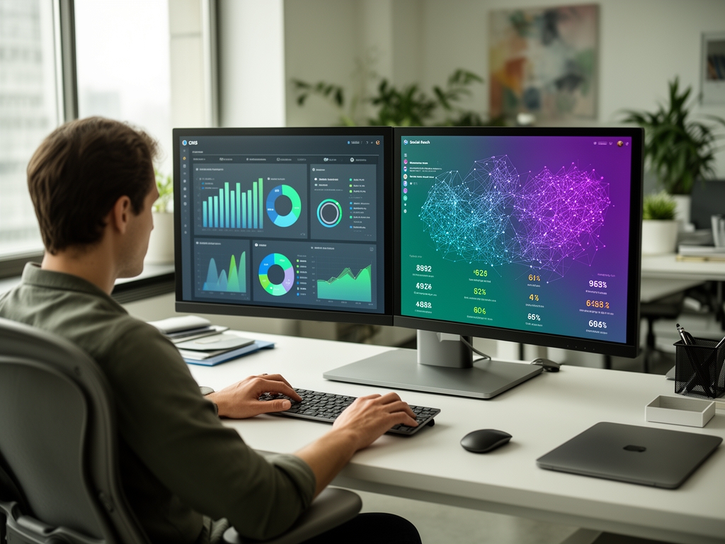 Человек работает за двумя мониторами в современном офисе, на экранах отображены аналитические панели с трафиком сайта, новостная CMS-система и графики охвата в социальных сетях