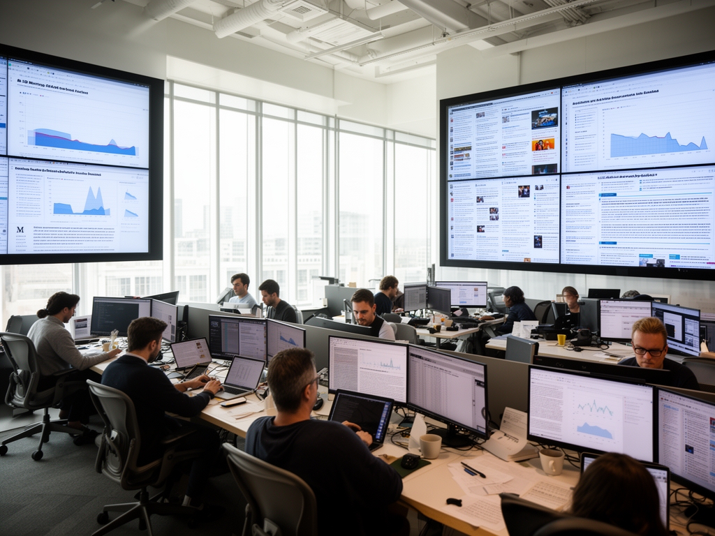 Современная редакция газеты в открытом пространстве: журналисты работают за ноутбуками, большие мониторы с графиками и новостными лентами на стенах, естественный дневной свет из панорамных окон