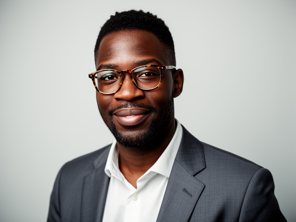Профессиональный портрет афроамериканского мужчины примерно 35 лет, в очках в роговой оправе, светлая рубашка, непринуждённая поза, светло-серый фон