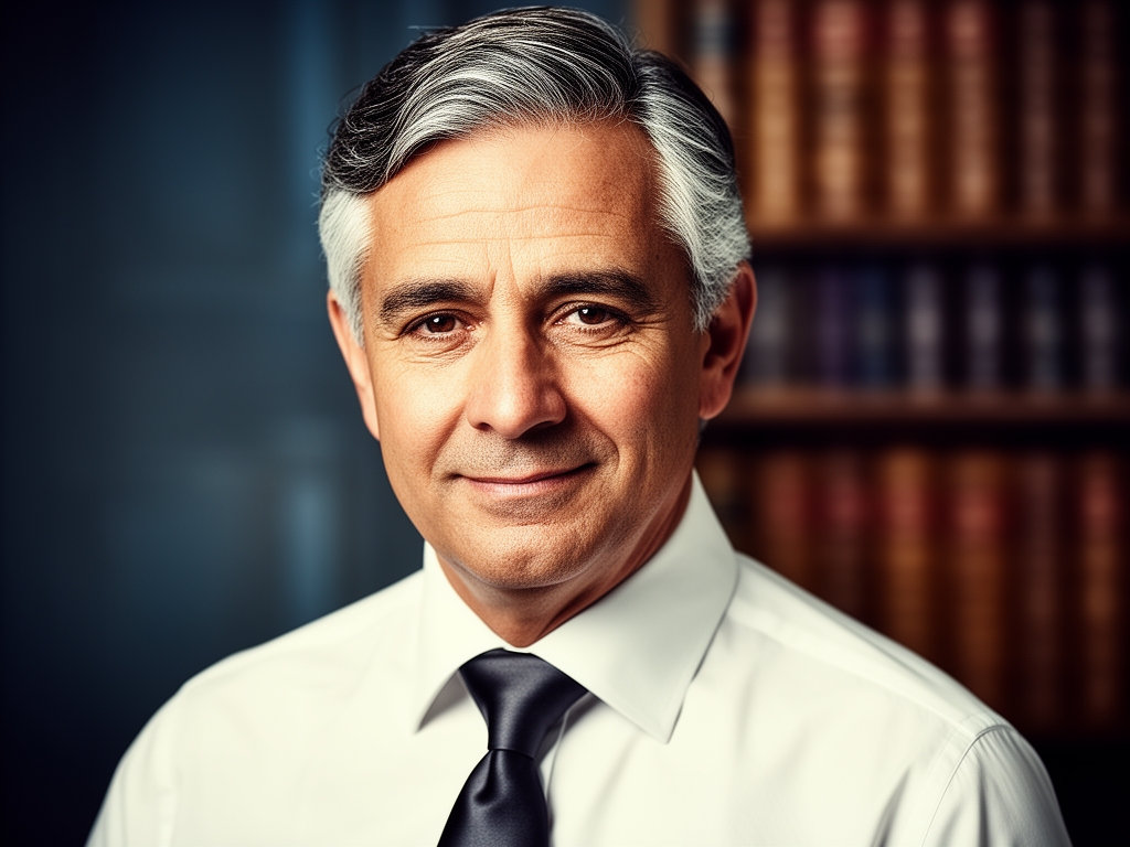 Профессиональный портрет мужчины примерно 50 лет, седеющие волосы, интеллигентный вид, белая рубашка и тёмный галстук, фон с книжными полками