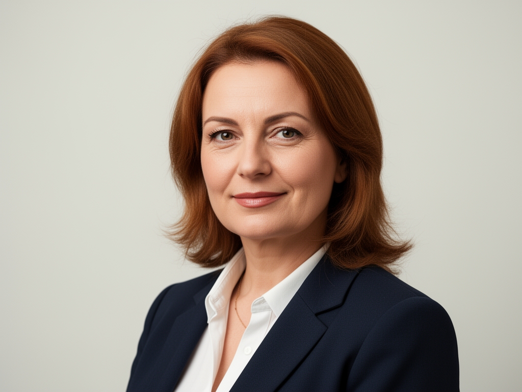 Профессиональный портрет женщины-журналиста 40 лет с каштановыми волосами в деловом пиджаке на нейтральном светлом фоне — для страницы команды медиашколы